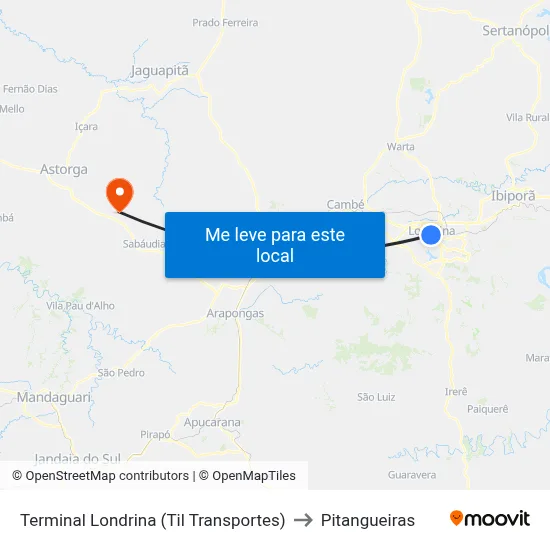 Terminal Londrina (Til Transportes) to Pitangueiras map
