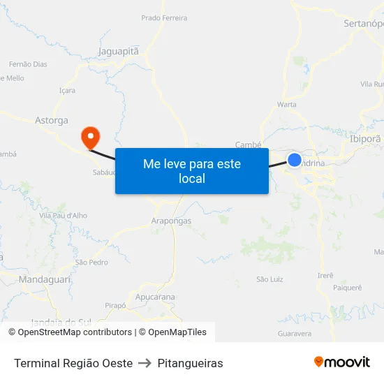 Terminal  Região Oeste to Pitangueiras map