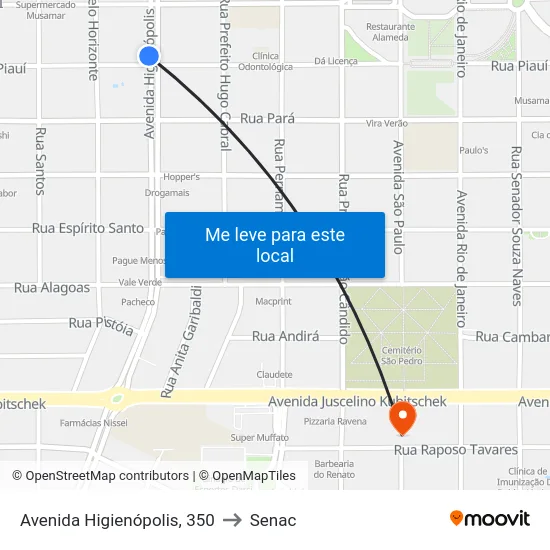 Avenida Higienópolis, 350 to Senac map