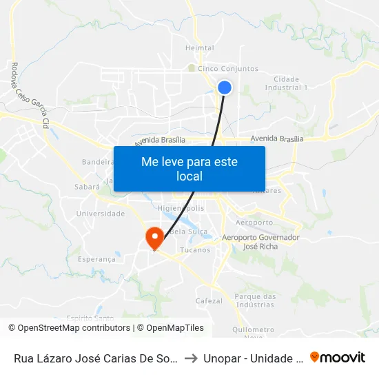 Rua Lázaro José Carias De Souza, 1210 to Unopar - Unidade Catuaí map