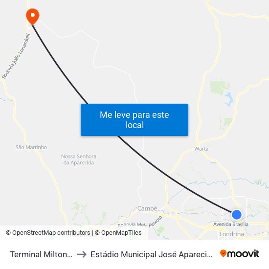 Terminal Milton Gavetti to Estádio Municipal José Aparecido De Moraes map