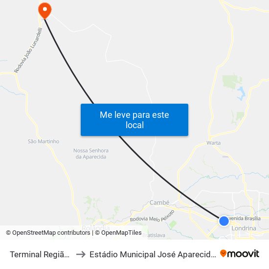 Terminal  Região Oeste to Estádio Municipal José Aparecido De Moraes map