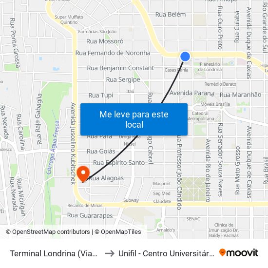 Terminal Londrina (Viação Garcia) to Unifil - Centro Universitário Filadélfia map