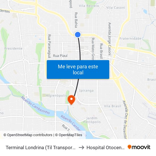 Terminal Londrina (Til Transportes) to Hospital Otocentro map