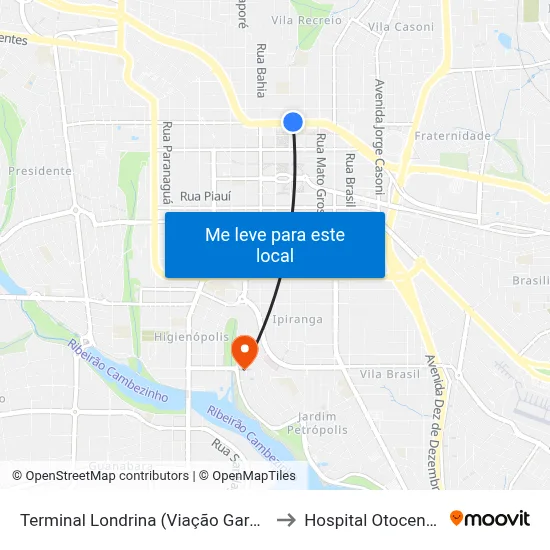 Terminal Londrina  (Viação Garcia) to Hospital Otocentro map