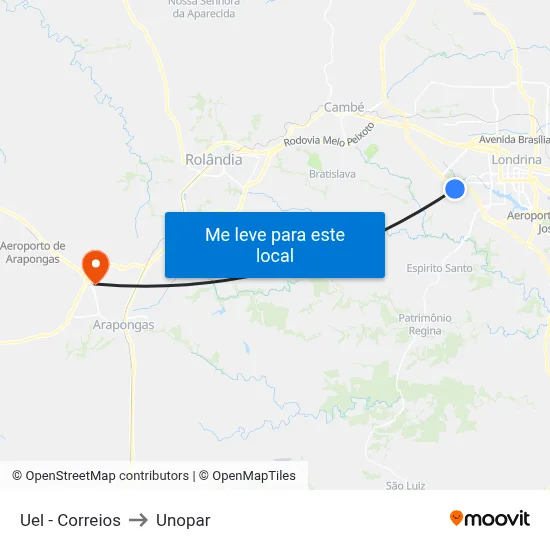 Uel - Correios to Unopar map