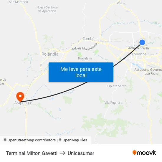 Terminal Milton Gavetti to Unicesumar map