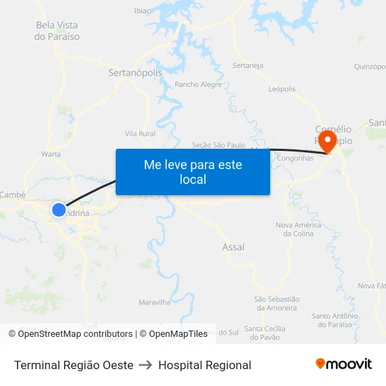 Terminal  Região Oeste to Hospital Regional map