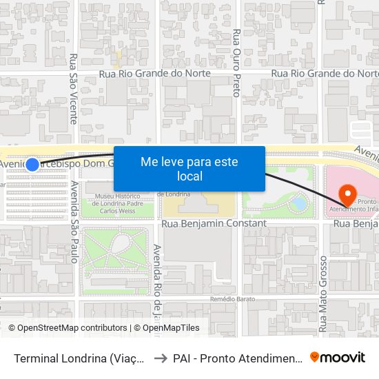 Terminal Londrina (Viação Garcia) to PAI - Pronto Atendimento Infantil map