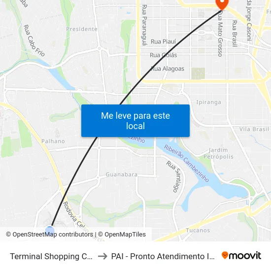 Terminal Shopping Catuaí to PAI - Pronto Atendimento Infantil map