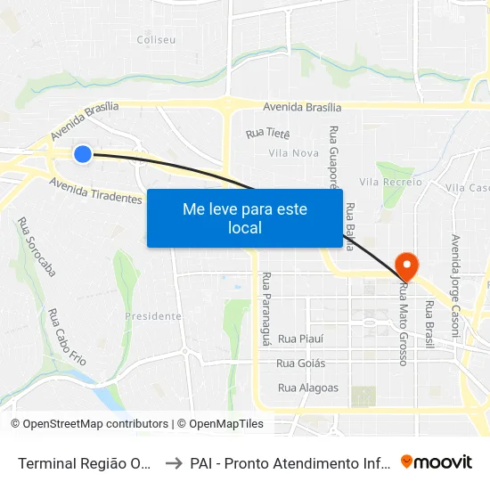 Terminal  Região Oeste to PAI - Pronto Atendimento Infantil map