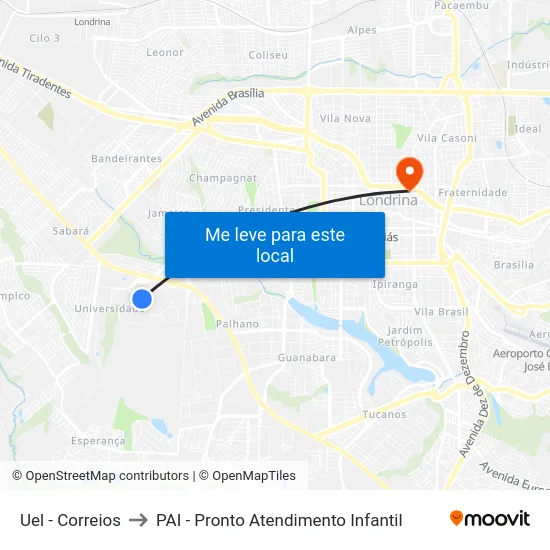 Uel - Correios to PAI - Pronto Atendimento Infantil map