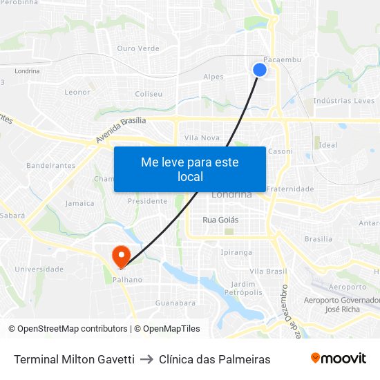 Terminal Milton Gavetti to Clínica das Palmeiras map