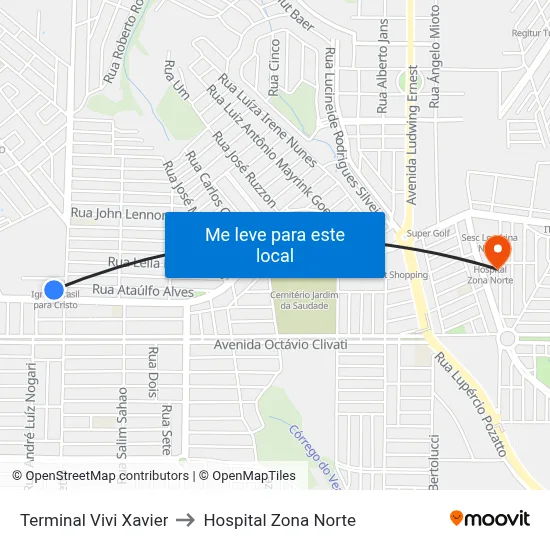Terminal Vivi Xavier to Hospital Zona Norte map
