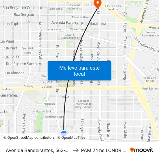 Avenida Bandeirantes, 563-593 to PAM 24 hs LONDRINA map