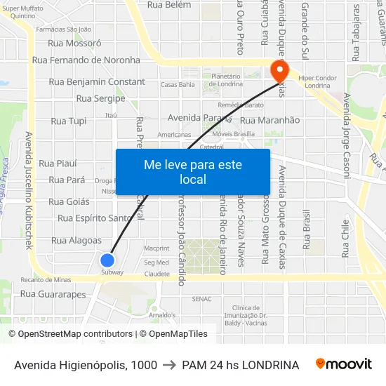 Avenida Higienópolis, 1000 to PAM 24 hs LONDRINA map