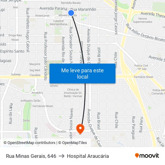 Rua Minas Gerais, 646 to Hospital Araucária map