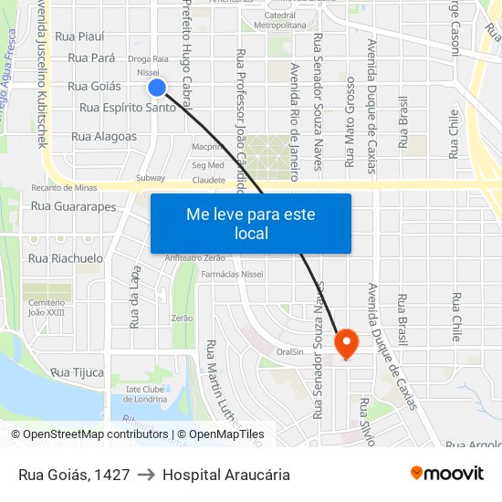 Rua Goiás, 1427 to Hospital Araucária map
