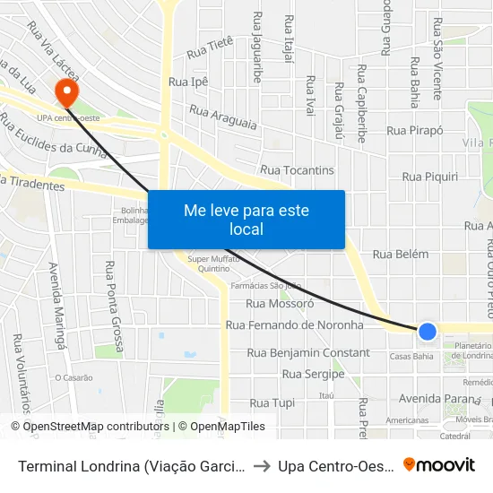 Terminal Londrina (Viação Garcia) to Upa Centro-Oeste map