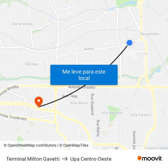 Terminal Milton Gavetti to Upa Centro-Oeste map