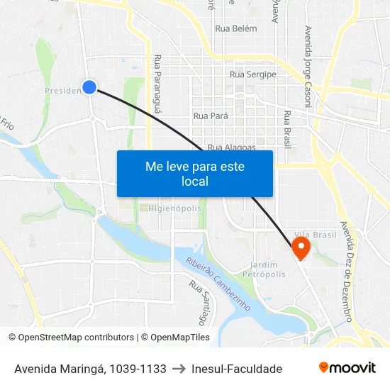 Avenida Maringá, 1039-1133 to Inesul-Faculdade map