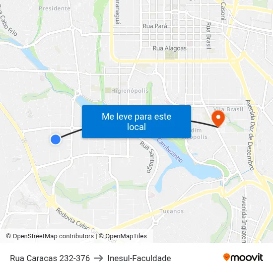 Rua Caracas 232-376 to Inesul-Faculdade map