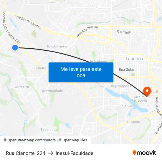Rua Cianorte, 224 to Inesul-Faculdade map