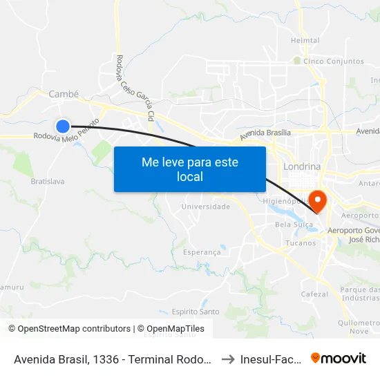 Avenida Brasil, 1336 - Terminal Rodoviário De Cambé to Inesul-Faculdade map