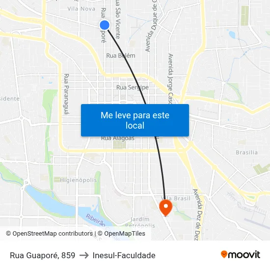 Rua Guaporé, 859 to Inesul-Faculdade map