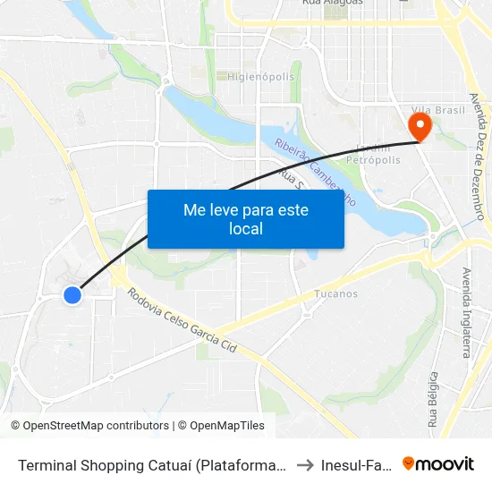 Terminal Shopping Catuaí (Plataforma Metropolitana)Externo) to Inesul-Faculdade map