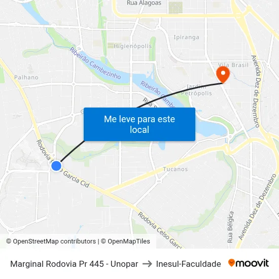 Marginal Rodovia Pr 445 - Unopar to Inesul-Faculdade map