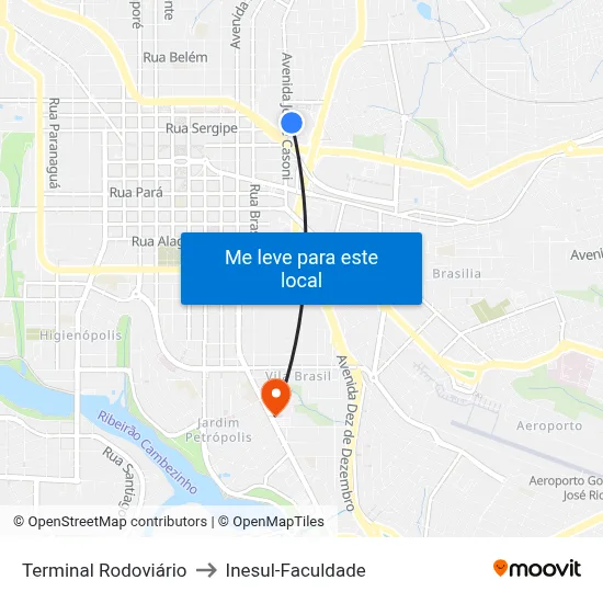 Terminal Rodoviário to Inesul-Faculdade map