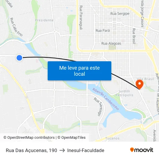 Rua Das Açucenas, 190 to Inesul-Faculdade map
