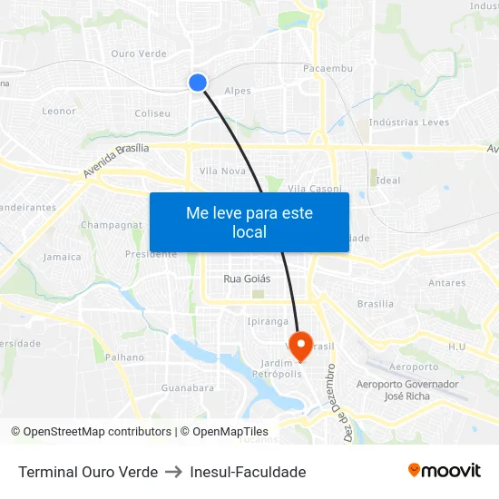 Terminal Ouro Verde to Inesul-Faculdade map