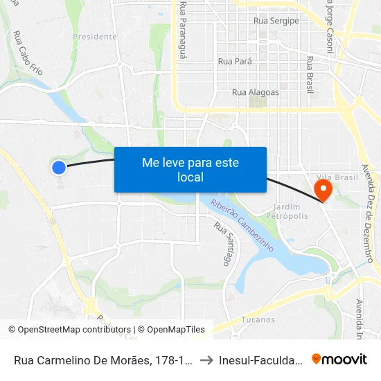 Rua Carmelino De Morães, 178-186 to Inesul-Faculdade map