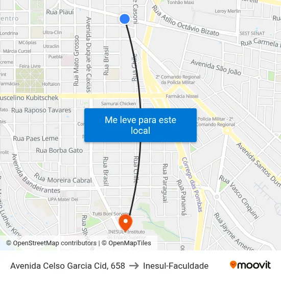 Avenida Celso Garcia Cid, 658 to Inesul-Faculdade map