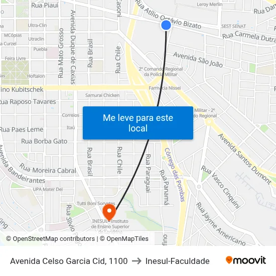 Avenida Celso Garcia Cid, 1100 to Inesul-Faculdade map