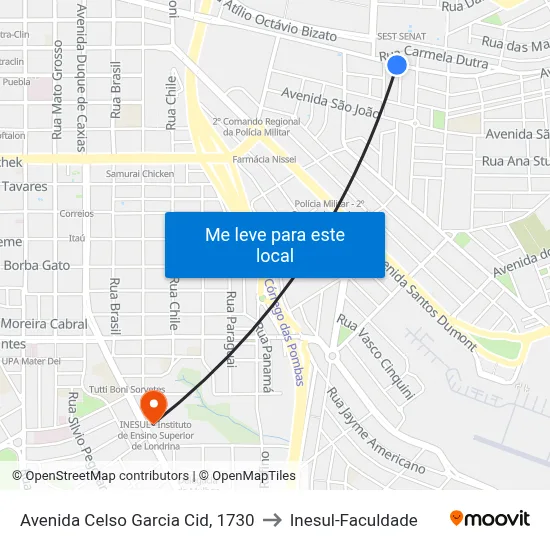 Avenida Celso Garcia Cid, 1730 to Inesul-Faculdade map
