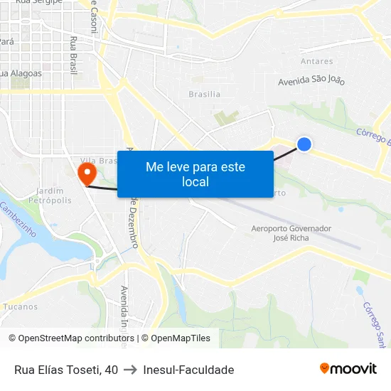Rua Elías Toseti, 40 to Inesul-Faculdade map