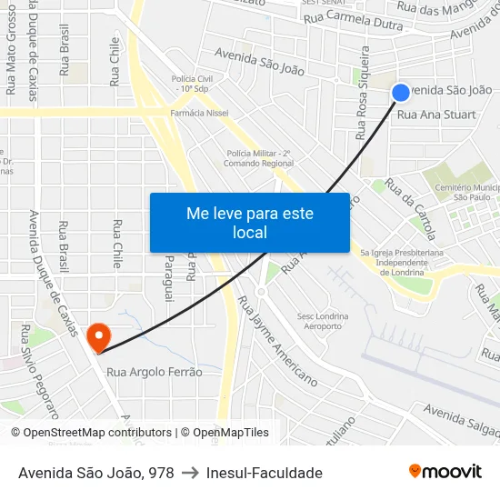 Avenida São João, 978 to Inesul-Faculdade map