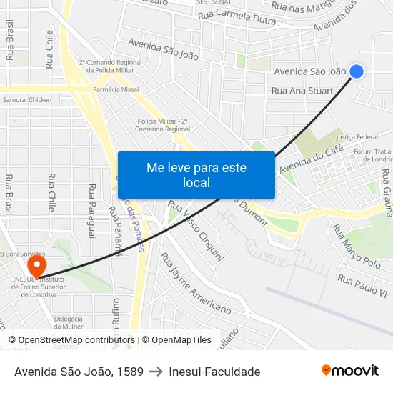 Avenida São João, 1589 to Inesul-Faculdade map