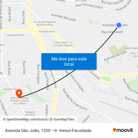 Avenida São João, 1200 to Inesul-Faculdade map