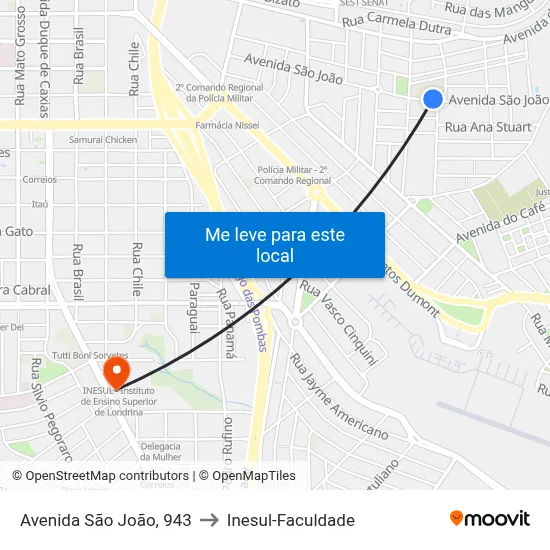 Avenida São João, 943 to Inesul-Faculdade map