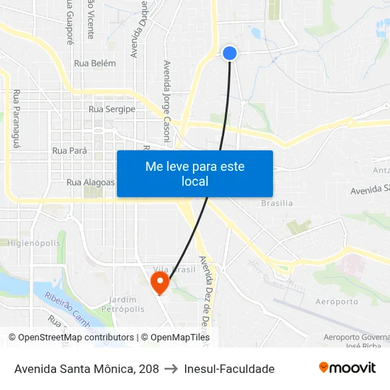 Avenida Santa Mônica, 208 to Inesul-Faculdade map