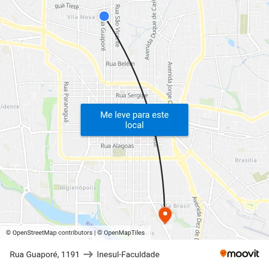 Rua Guaporé, 1191 to Inesul-Faculdade map