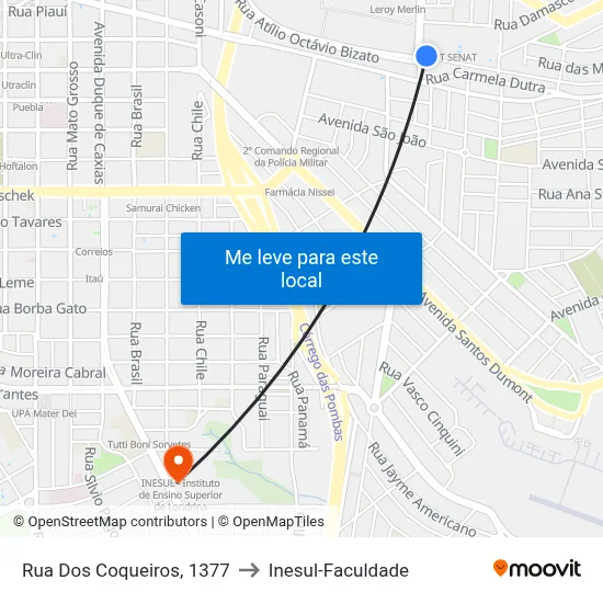 Rua Dos Coqueiros, 1377 to Inesul-Faculdade map
