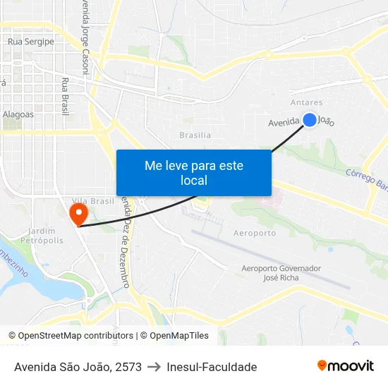 Avenida São João, 2573 to Inesul-Faculdade map