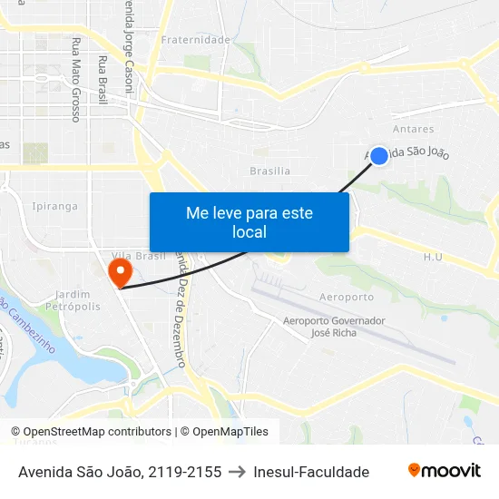 Avenida São João, 2119-2155 to Inesul-Faculdade map