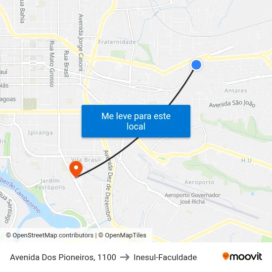 Avenida Dos Pioneiros, 1100 to Inesul-Faculdade map