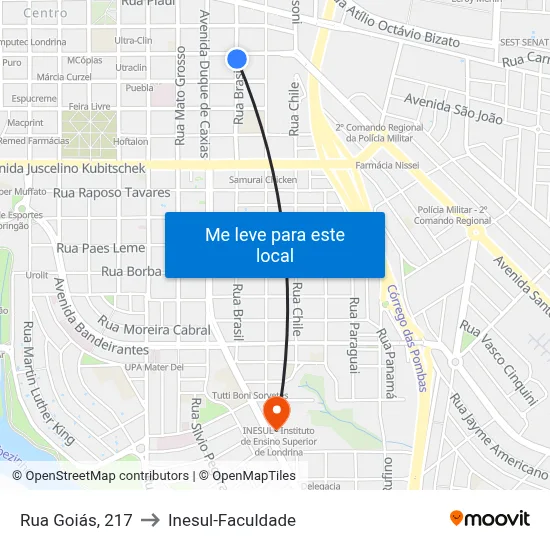 Rua Goiás, 217 to Inesul-Faculdade map